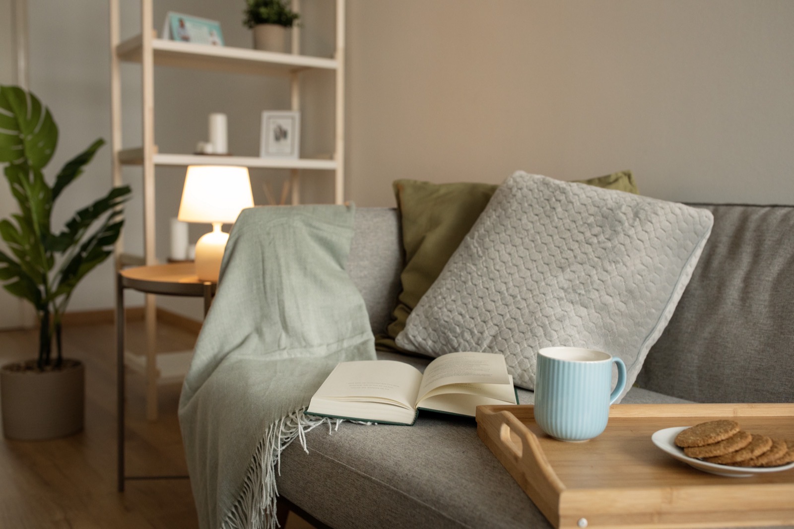 Canapé avec un plaid, un livre ouvert et un plateau portant une tasse et des biscuits, dans un salon éclairé par une lampe